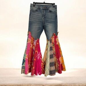 🔥 Jaded Gypsy “Got You Covered” Patchwork Kantha Wide Leg Jeans S/M ☮️